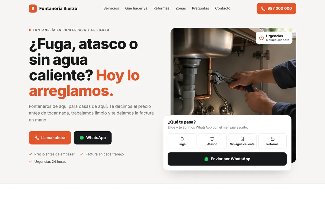 Demo web de fontanería: portada con selector de avería por WhatsApp